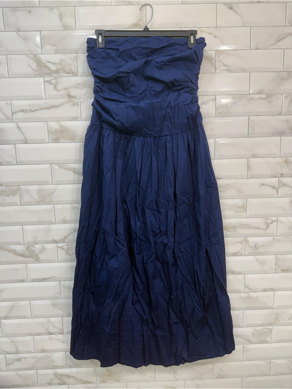 Strapless Midnight Blue Ruched Bodice Maxi Dress